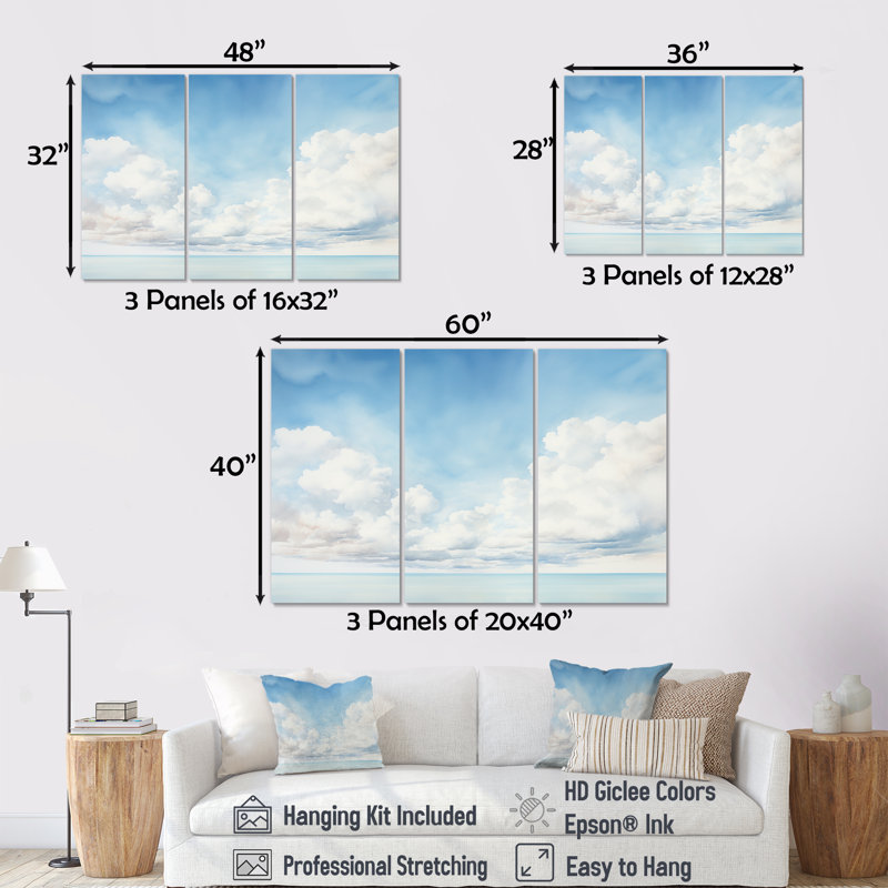 Ensemble de décorations murales White Clouds, Toile tendue, 32" H x 48" W x 1" D