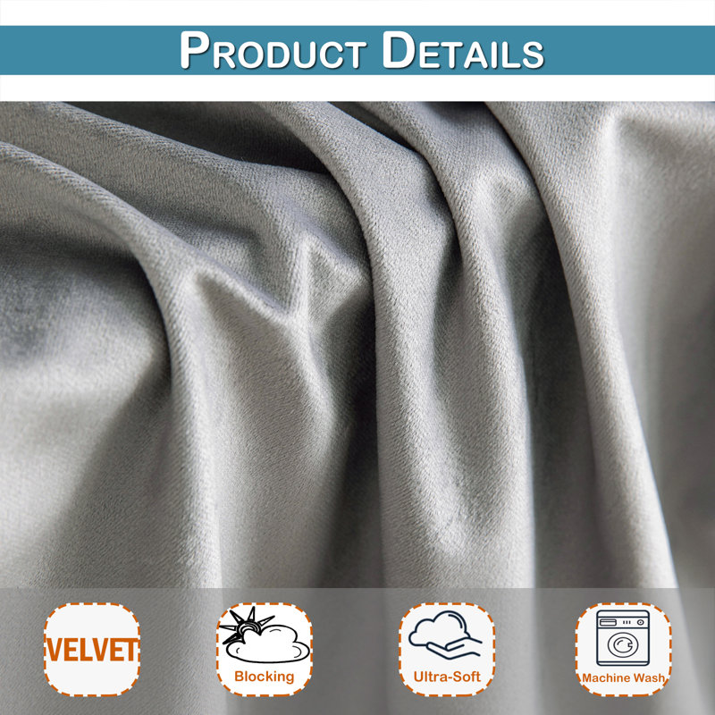Lauier Velvet Blackout Curtain Pair, 52" W x 84" L, Gray