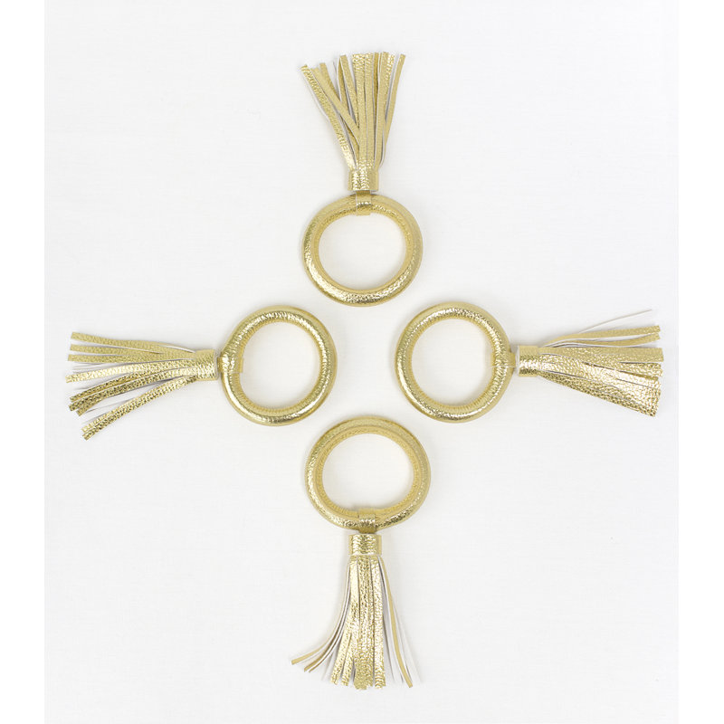 Ensemble de 4 rondelles de serviette à pampilles argentées en cuir véritable, Or