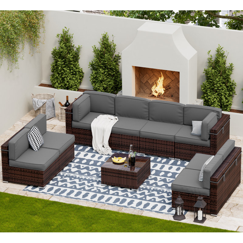 Keolani Wicker 8 - Person Modular Patio Conversation Set with Cushions, Gray