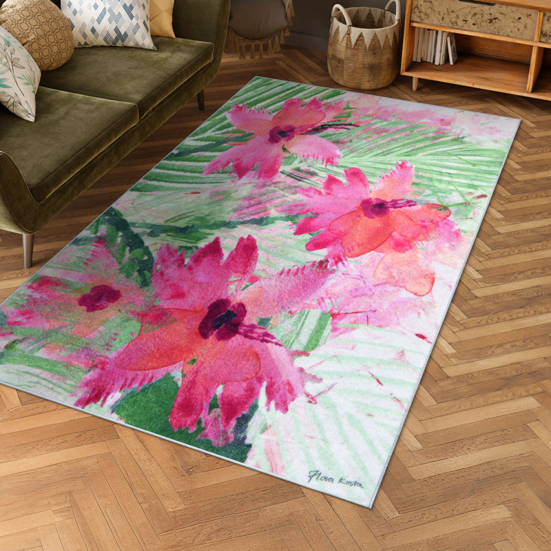 Tapis floral rose, vert et floral I, tissé à la main, 100% polyester, velours de 2 mm, antidérapant.