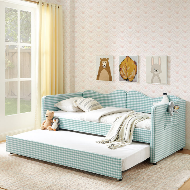 Lit de jour rembourré Gingham avec couchette coulissante, rangement latéral et structure en bois massif pour une utilisation multifonctionnelle dans les chambres d'enfants et d'invités