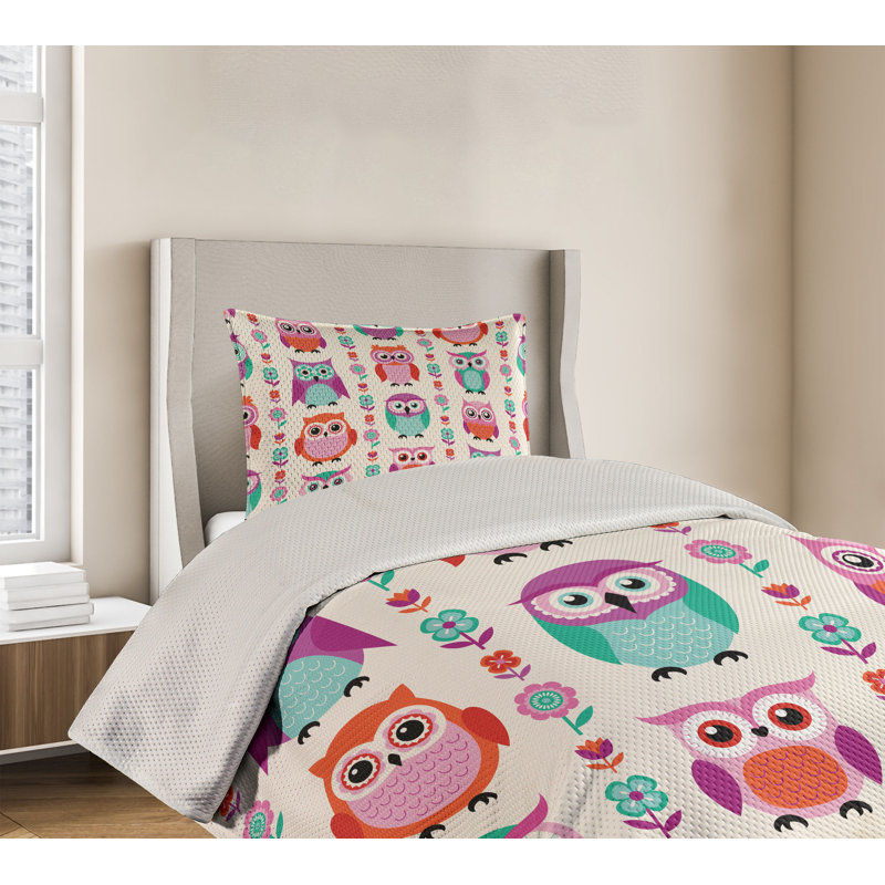 Colorful Owl Print Twin Polyester Bedspread Set