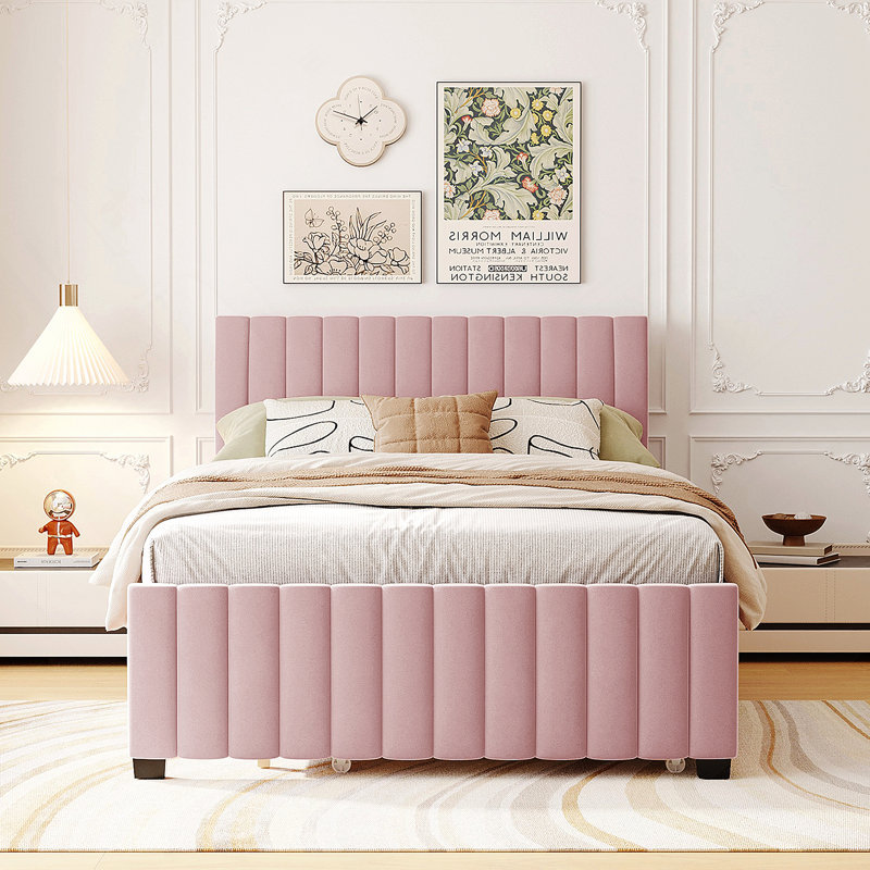 Full Size Velvet Upholstered Platform Bed with Twin Size Trundle, Pink