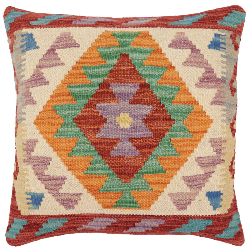 Coussin rustique en kilim tissé à la main rustique Shaw, H 20 po x l 20 po, Rouge / vert / orange / beige