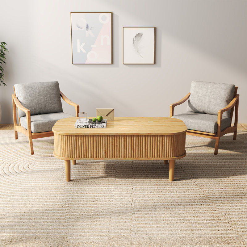 Fluted Lift Top Coffee Table, Modern Oval, Hidden Compartment, Oak, Living Room, Oak