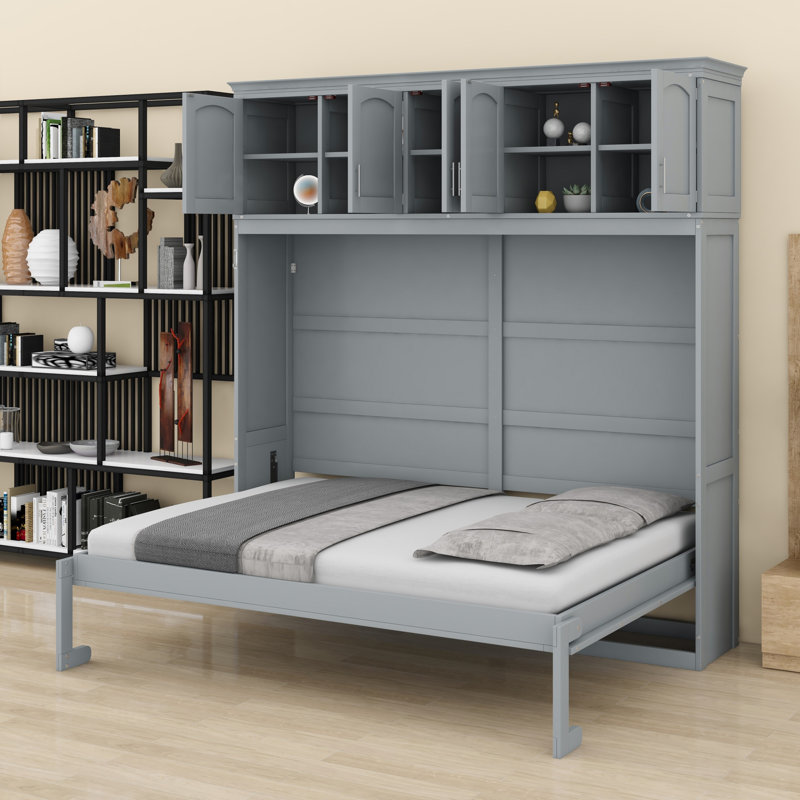 Space Efficient Murphy Bed With  Cabinet, Gray