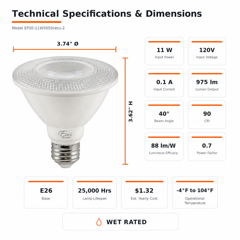 Ampoules DEL PAR30 à culot court Euri Lighting, 11 W, 975 lm, équivalent 75 W, 5 000 K, culot E26, homologuées CEC/UL, lot de 2