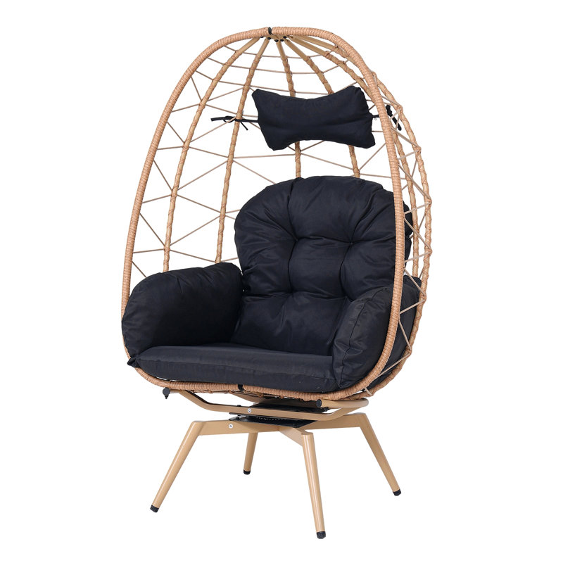 Oversized 360° Swivel Rattan Egg Chair Wicker Indoor Outdoor Patio Lounge Chair With Removable Thick Cushions, Yellow, Black