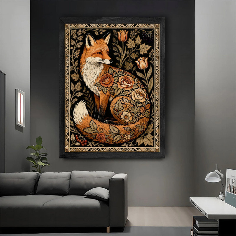 Reproduction d'art encadrée noire avec renard floral, cadre botanique classique, H 11 po x l 9 po