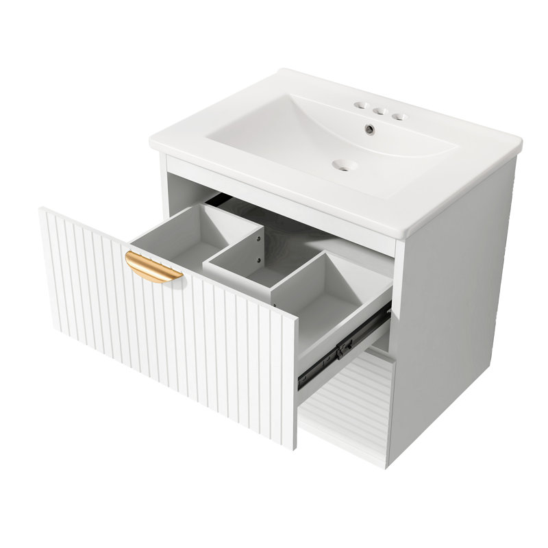 Meuble-lavabo mural moderne de 24 po avec 2 tiroirs en blanc