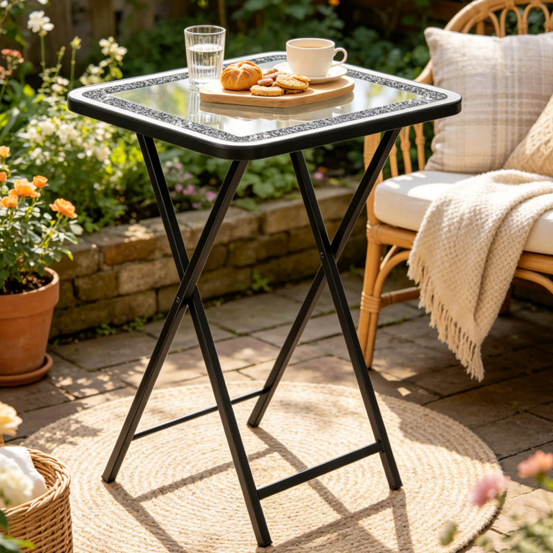 Borjanka Personal Table Folding Glass Top Portable Snack Side Table Outdoor Garden End Table