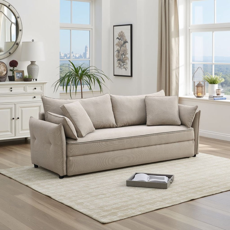 Canapé-lit en tissu Brosius, Beige, H 36,06 po x l 87,02 po x P 32,02 po, Tissu beige
