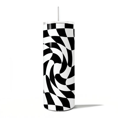 Black and White Checkerboard Swirl 20oz Personalized Tumbler With Lid and Stainless Steel Straw, Retro Optical Illusion Gift Cup