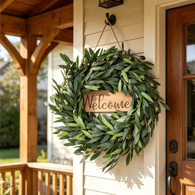 21.56in Artificial Olive Wreath with Wooden Welcome Sign, Farmhouse Front Door Wreath, All Season Green Olive Leaf Fruit Wreath for Entryway Wall Window Porch Wedding Coffee Shop Home Decor