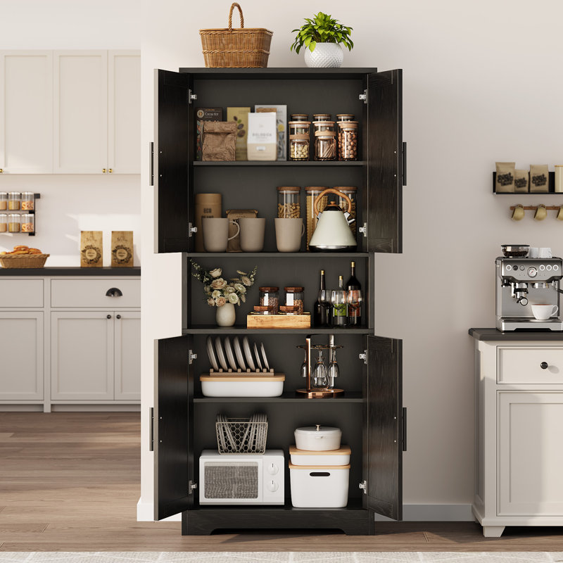 Tall Kitchen Storage Cabinet with 4 Doors – Modern Wooden Sideboard with Adjustable Shelves – Vertical Floor Cupboard for Living Room, Dining Room, Bathroom, Laundry – Wood Grain Finish, Anti-Tip Kit