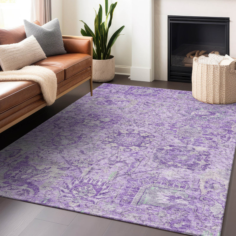 Lavender Damask Pattern Washable Synthetic Area Rug 3' x 5'