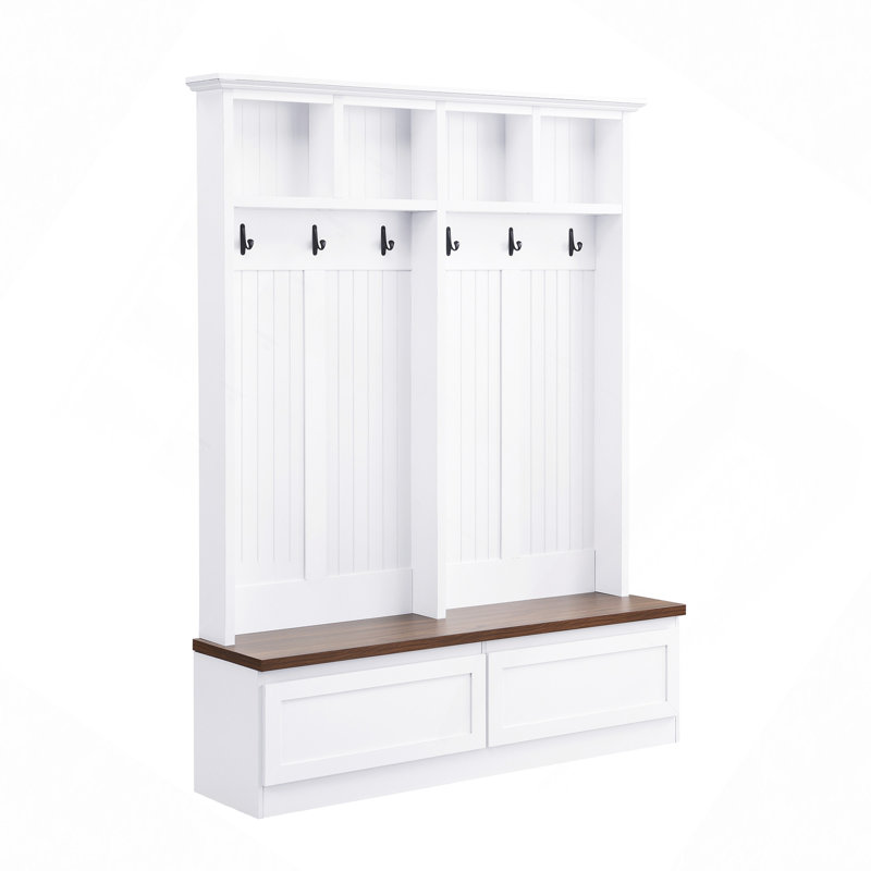 4-In-1 Hall Tree With Wood Grain Bench, Mudroom Versatile Coat Rack With 2 Large Drawer, Entrance Organizer For Hallway, Living Room, 55.9"W