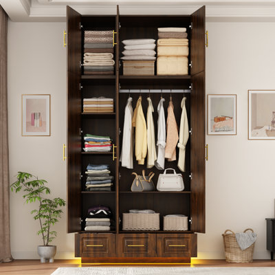 Armoire-penderie 3 portes, armoire à DEL 94,5 po avec 3 tiroirs, tringle et tablettes pour la chambre à coucher