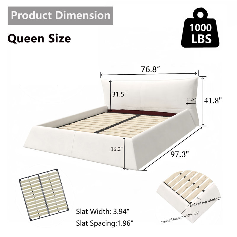 Lit plateforme tapissier avec tête de lit, Beige / Blanc, Grand lit