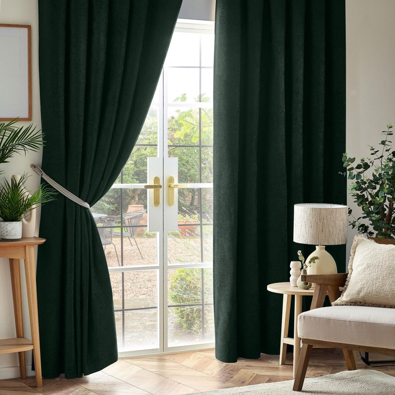 Eilfried Chenille Pencil Pleat Taped Top Curtains, 117cm Width x 183cm Drop, Green