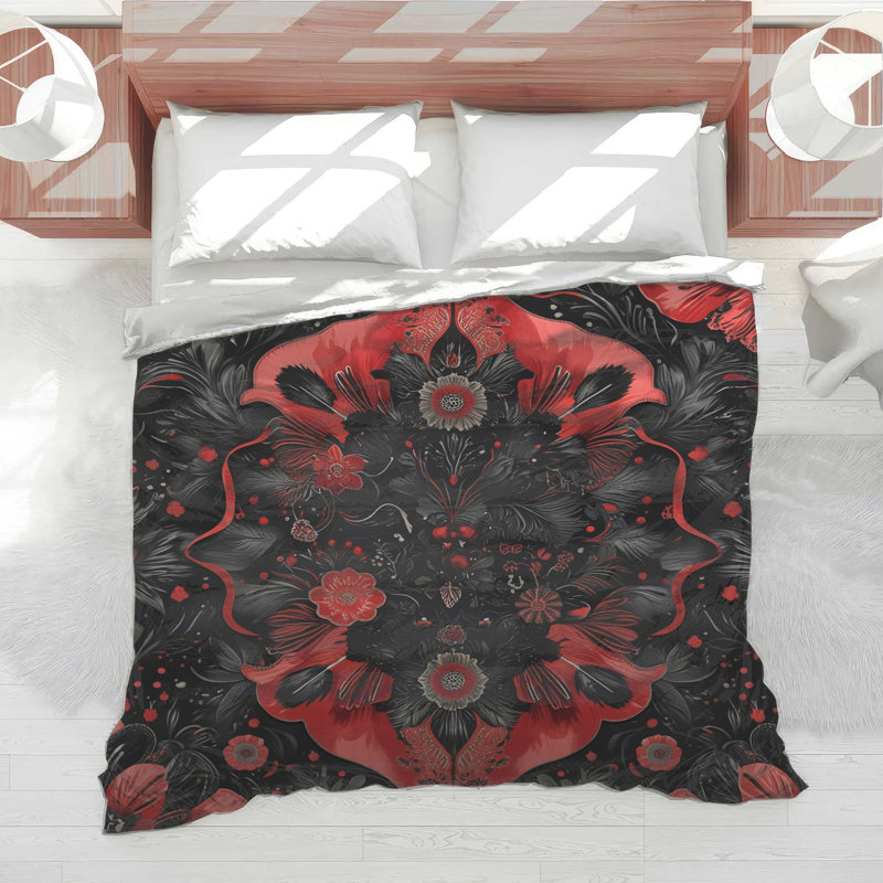 Édredon à motif floral rouge et noir, Très grand lit