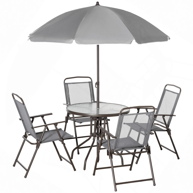 Ensemble de salle à manger de patio 6 pièces pour 4 personnes avec parasol, table d'extérieur et chaises avec 4 chaises pliantes et table ronde en verre pour le jardin, la cour et la piscine