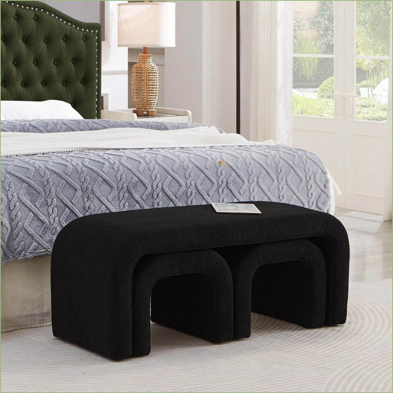 Ensemble de 3 repose-pieds en U modernes pour vestibule, chambre à coucher, salon | Sherpa en bois massif | Teddy orange