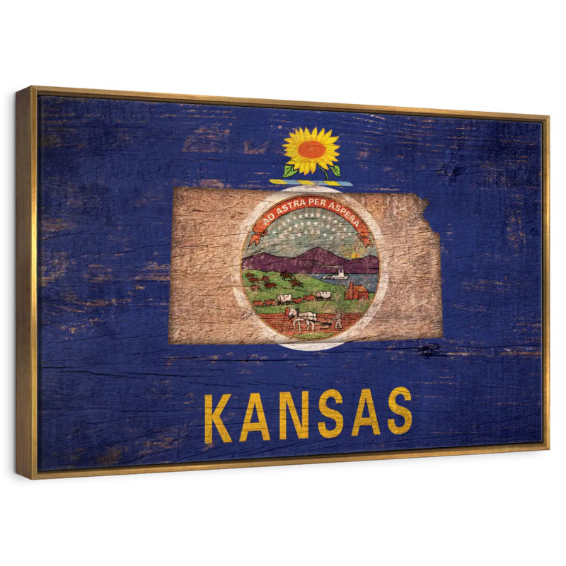 Carte de l'État sur le drapeau du Kansas, Cadre flottant doré, 43 po x 29 po