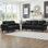 Cuir noir - look 2 + 3 places et, de style classique avec des clous ronds argentés, une assise confortable, une structure stable, des coussins amovibles en cuir de vache et, de style américain, des coussins à ressorts ensachés, faciles à installer