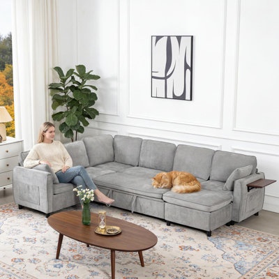 Canapé modulaire escamotable avec lit escamotable, grand canapé 7 places en forme de U avec repose-pieds de 116 po, port de charge et table d'appoint pliable, canapé Cloud en chenille confortable, gris