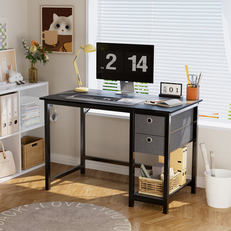 Bureau d'ordinateur avec 2 tiroirs en tissu et crochet pour casque, H 29,7 po x l 40 po x P 23,6 po, Noir, noir, noir, noir