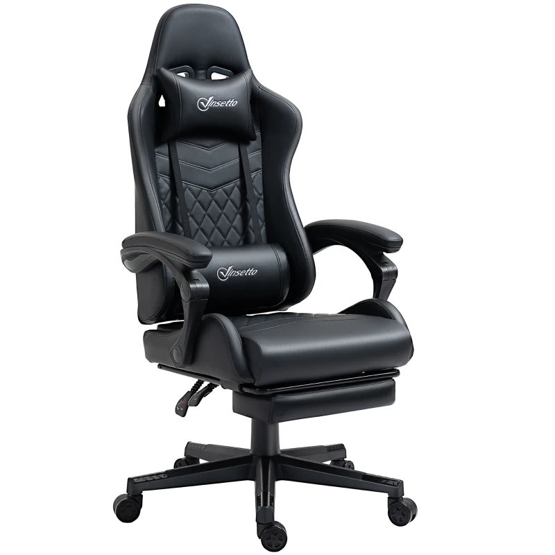HOMCOM Adjustable Reclining Ergonomic Faux Leather Swiveling PC & Racing Game Chair with Footrest in Black, Black