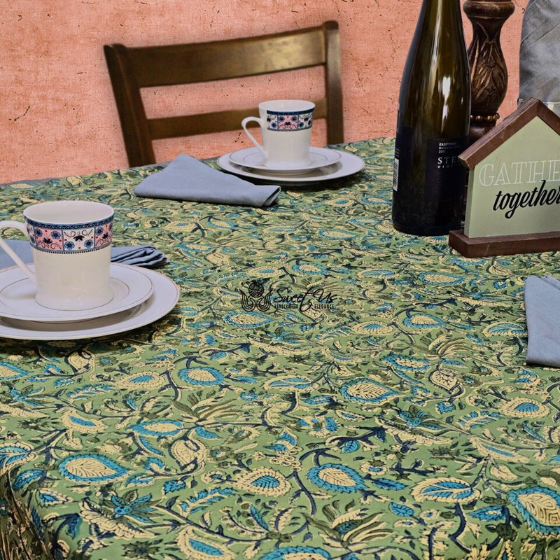 Floral Cotton Block Print Tablecloth Rectangle