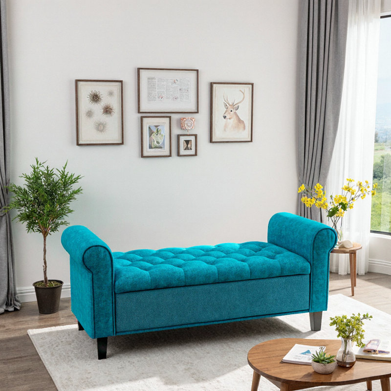 50" Velvet Upholstered Tufted Storage Ottoman Bench with Wood Legs, Teal Seating for Bedroom Living Room, Teal