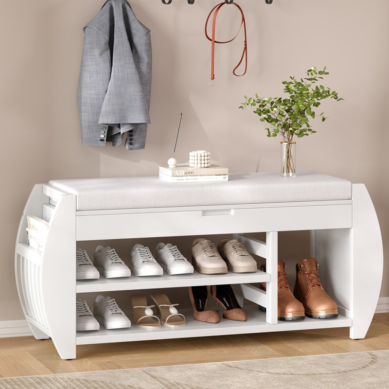 Retro Multifunctional Shoe Storage Bench With Cushion And Curved Side Panel, Antique White