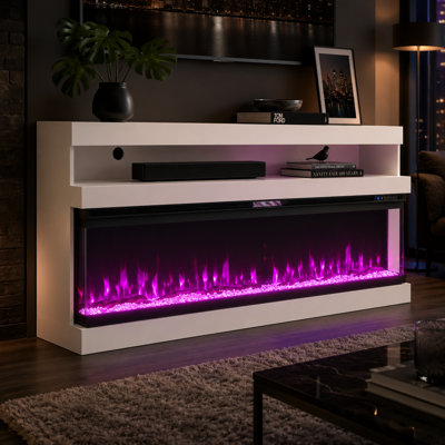 Hofmann Modern Fireplace TV Stand With 72" Electric Fireplace, Wifi & Remote Control, 12 Flame Colors, Open Media Storage & Smart Heating