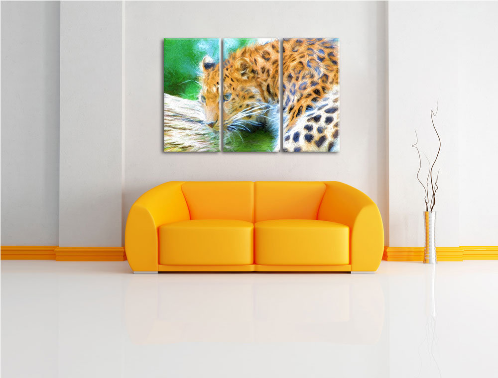 3-tlg. Leinwandbilder-Set Aufmerksamer Leopard auf Baumstamm, Kunstdruck