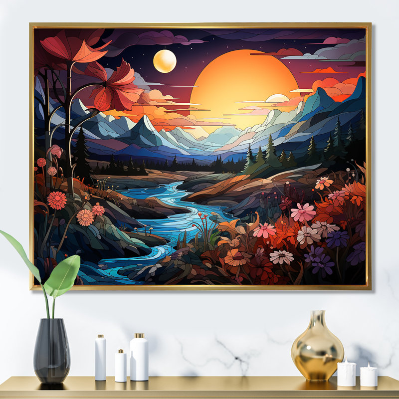 «Yellow Enchanted Meadows Fantasy II», art mural abstrait, Cadre flottant doré, H 24 po x l 32 po x P 1 po