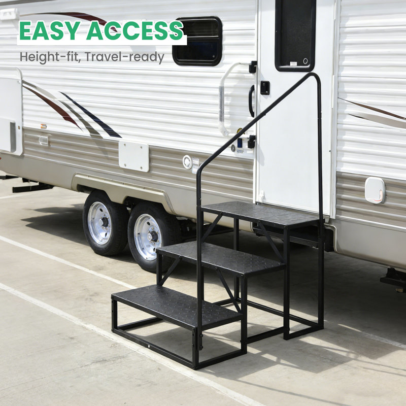 Heavy-Duty 3-Step RV Entry Steps with Adjustable Handrail, Anti-Slip Steel Stair Ladder for Camper or Mobile Home
