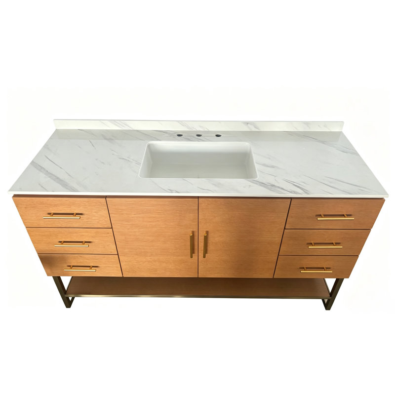 Meuble-lavabo de salle de bain de 152 cm (60 po) entièrement assemblé, avec comptoir en marbre artificiel, base en métal et pare-éclaboussures en bois naturel.