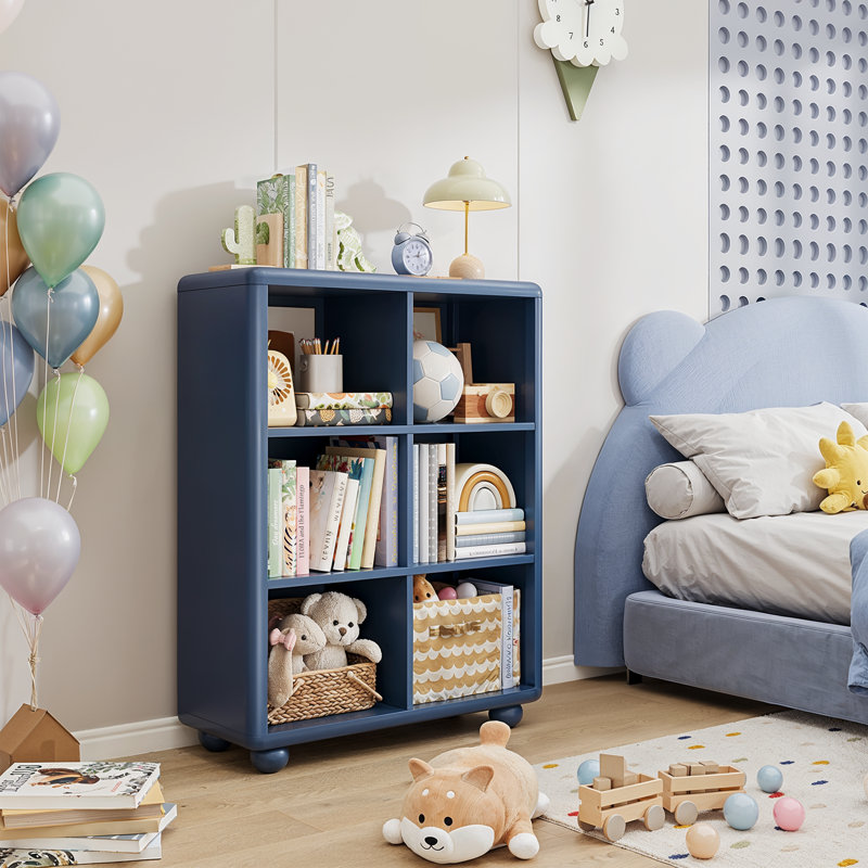 41.34 "H Wooden Bookcase With 6 Cube Storage, Kids Bookshelf With Sphere Foot For Living Room, Playroom, Nursery, Blue