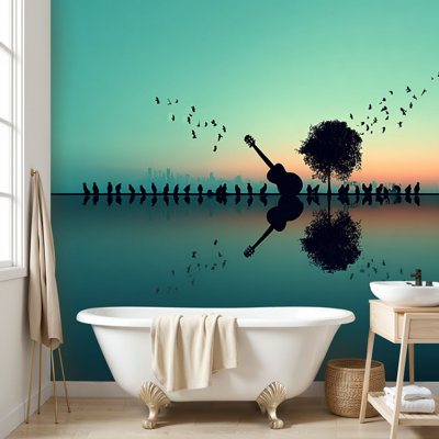 Papier peint adhésif mural moderne bleu blanc, musique, guitare abstraite, arbres, oiseaux, horizon de la ville, reflet, silhouette, surréalisme, minimaliste, autocollant, papier contact amovible, décoration murale pour salon, chambre à coucher H 100 po x l 144 po