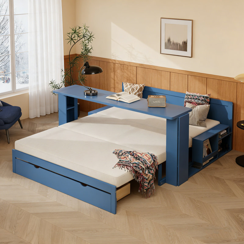 Grand lit de jour avec bureau amovible, Bleu, Double 
