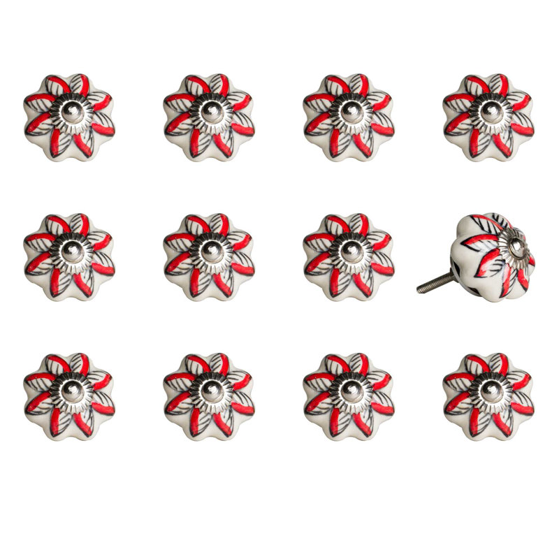 Set of Twelve Red And White Floral Ceramic Drawer Pull Knobs