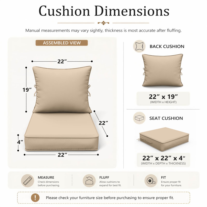 Coussins d'extérieur Braun 22x22x4 pour chaises de patio, coussins d'assise et de dossier pour intérieur/extérieur, coussins seulement (paquet de 2)