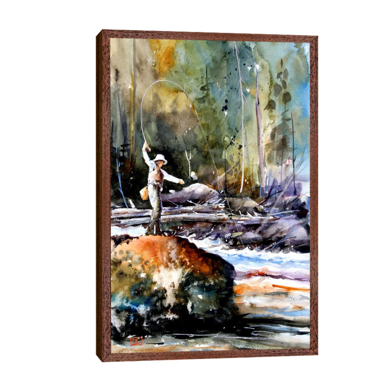 Fishing In The Wild by Dean Crouser - Floater Frame Painting on Canvas, Brown