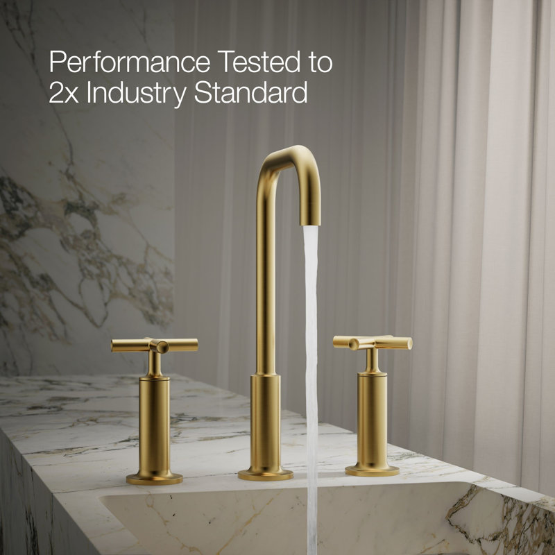Purist Widespread Bathroom Sink Faucet with High Cross Handles and High Gooseneck Spout, Vibrant Brushed Moderne Brass
