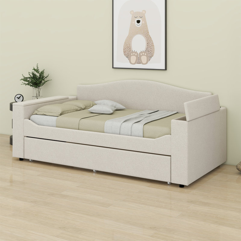Upholstered Daybed With Storage Armrests,Trundle And Latest Integrated Bluetooth Audio System., Gray
