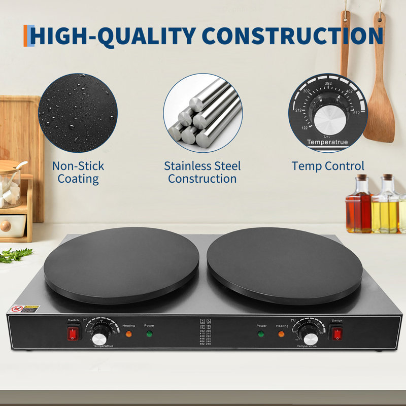 Crêpière électrique double plaque 16 pouces - Plaque chauffante antiadhésive commerciale - Contrôle précis de la température - Éclairage de jauge - 3500W / 3400W - Assiette plate pour crêpes, maison et restaurant - Double tête